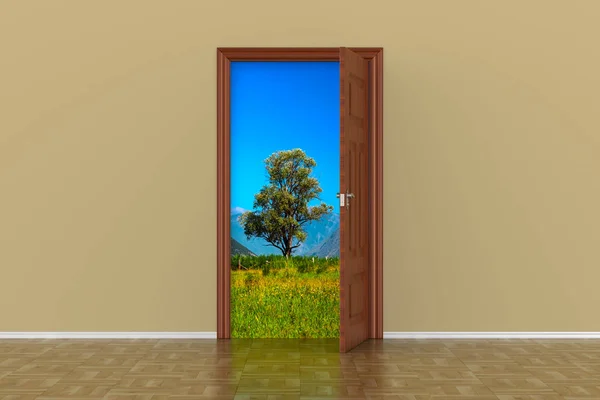 Porte ouverte dans le hall. Illustration 3D — Photo