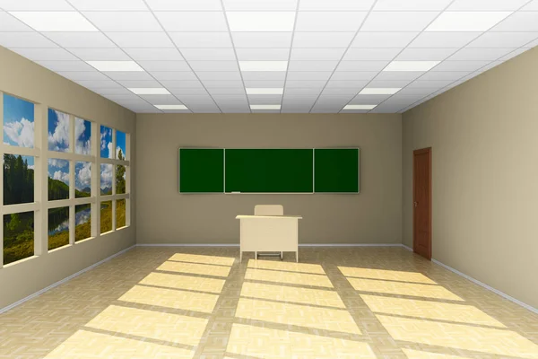 Leeg klaslokaal met schoolbord. 3D illustratie — Stockfoto
