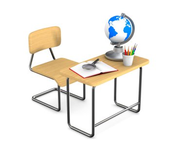 Okul masa ve sandalye beyaz arka plan üzerinde. İzole 3d illustrat