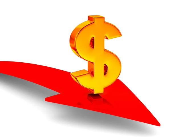 Firme dólar y flecha sobre fondo blanco. Ilustración 3D aislada —  Fotos de Stock