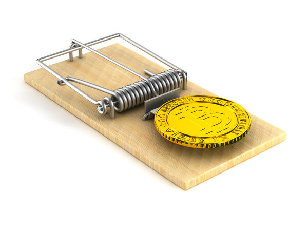 mousetrap and bitcoin on white background. Isolated 3D image