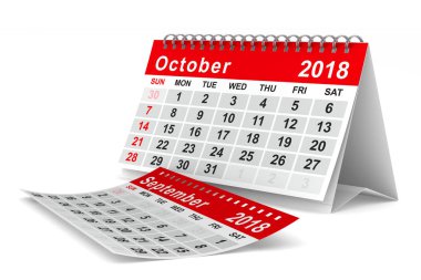 2018 yıl takvim. Ekim. İzole 3d çizim