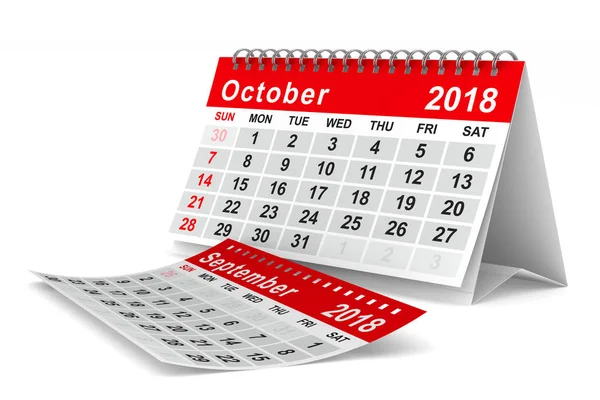 2018 yıl takvim. Ekim. İzole 3d çizim