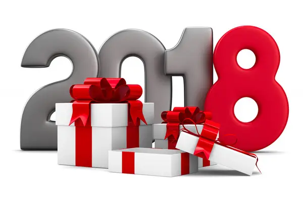 2018 το νέο έτος. Κουτιά δώρου, σε ολόλευκο. Απομονωμένη 3d απεικόνιση — Φωτογραφία Αρχείου