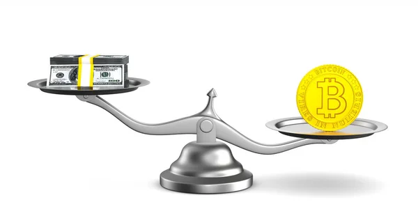 Bitcoin und Geld im großen Stil. isolierte 3D-Illustration — Stockfoto