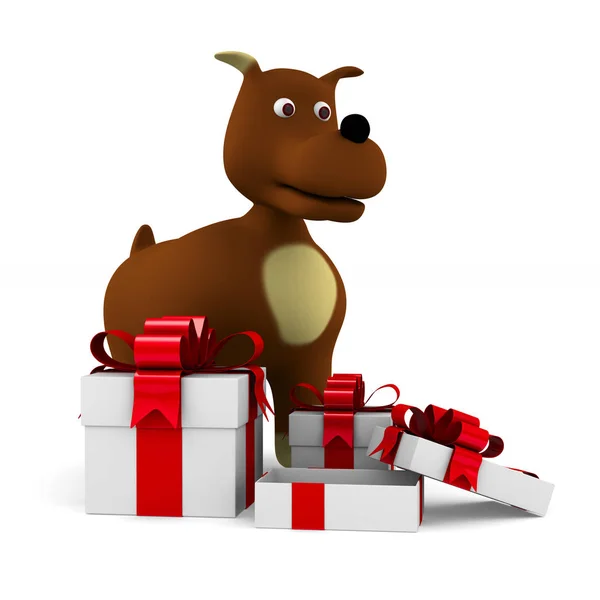 Hond en cadeau doos op witte achtergrond. Geïsoleerde 3d illustratie — Stockfoto