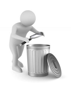 Büyüteç'i ve çöp sepeti beyaz arka plan üzerinde olan adam. Isola