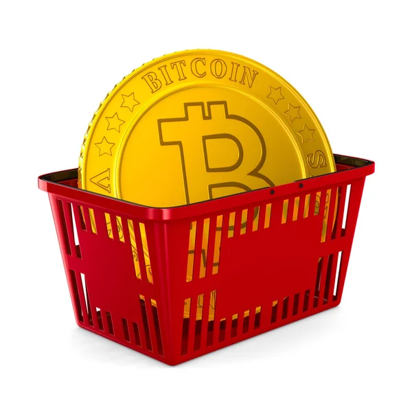 Το Bitcoin σε κόκκινο καλάθι σε άσπρο φόντο. Απομονωμένη 3d — Φωτογραφία Αρχείου