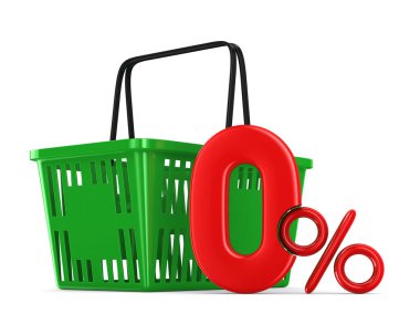 Yeşil alışveriş sepeti ve beyaz arka plan üzerinde yüzde sıfıra boş