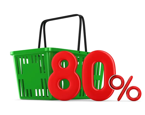 Cesto de compras verde vazio e oitenta por cento em backgrou branco — Fotografia de Stock