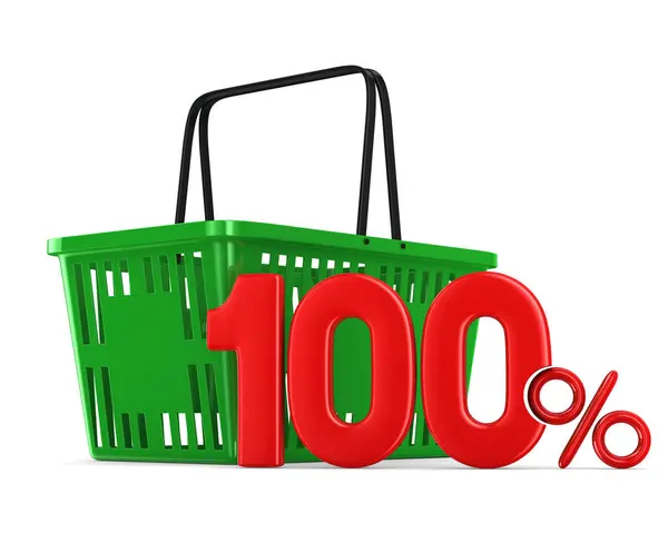 Cesto de compras verde vazio e cem por cento em bac branco — Fotografia de Stock