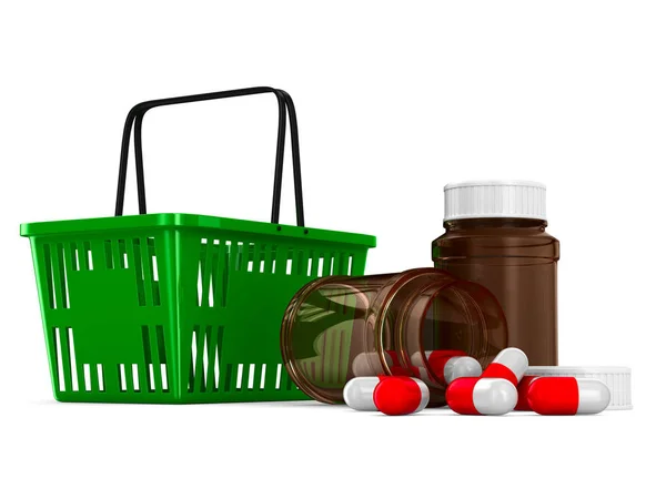 Shopping basket and medicament on white background. Isolated 3d — Stock Photo, Image