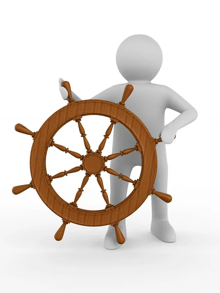 Sea captain with steering wheel on white background. Isolated 3D — Stock Photo, Image