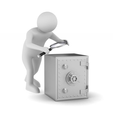 Beyaz arka planda büyüteci olan adam. İzole edilmiş üç boyutlu illüstrasyon