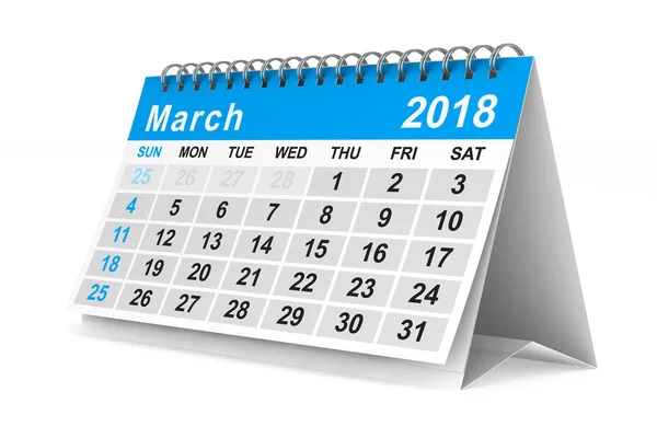 Calendario del año 2018. Marzo. Ilustración 3D aislada — Foto de Stock