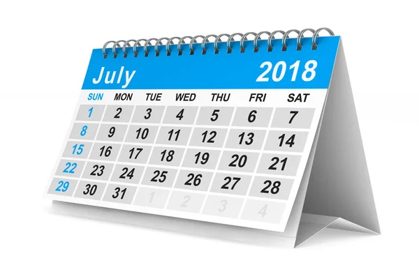 Calendário do ano 2018. Julho. Isolado ilustração 3D — Fotografia de Stock