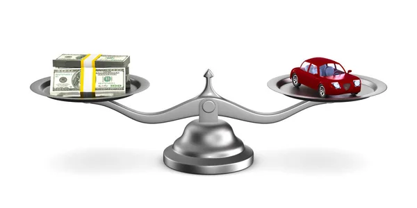 Машина и деньги в масштабе. Изолированная 3D иллюстрация — стоковое фото