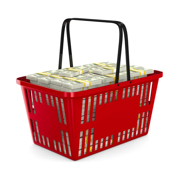 Červený nákupní košík s penězi na bílém pozadí. Izolované 3d — Stock fotografie