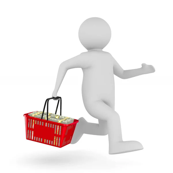 Homem com cesta de compras em fundo branco. Isolado 3D illust — Fotografia de Stock