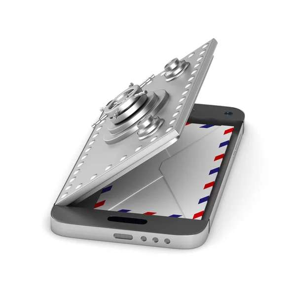 Защита почты в телефоне на белом фоне. Изолированная трехмерная иллюстрация — стоковое фото