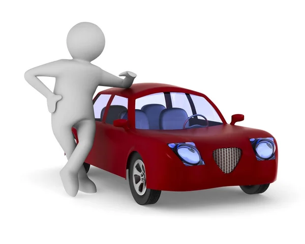 Ο άνθρωπος και το κόκκινο αυτοκίνητο σε άσπρο φόντο. Απομονωμένη 3d απεικόνιση — Φωτογραφία Αρχείου