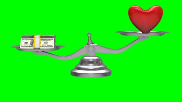 Corazón y dinero en balanzas. Renderizado 3D aislado. Fondo verde — Vídeo de stock