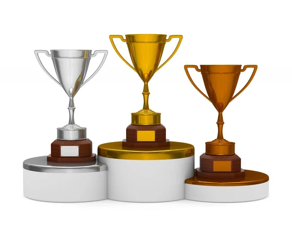 Podium with trophy cup on white background. Isolated 3D illustra — Stock Photo, Image
