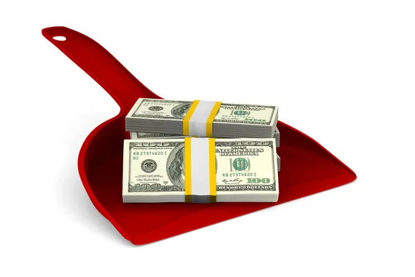Κόκκινο dustpan με χρήματα σε άσπρο φόντο. Απομονωμένη 3d έργα — Φωτογραφία Αρχείου