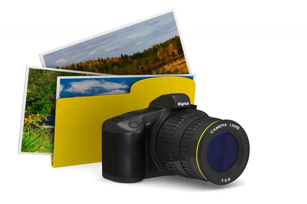 Digitální fotoaparát a složku na bílém pozadí. Izolované 3d illus — Stock fotografie