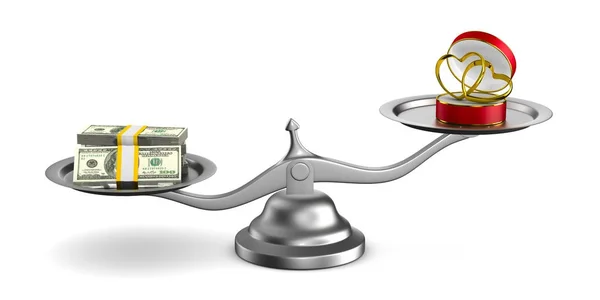 Wedding rings and money on scales. Isolated 3D illustration — Stock Photo, Image