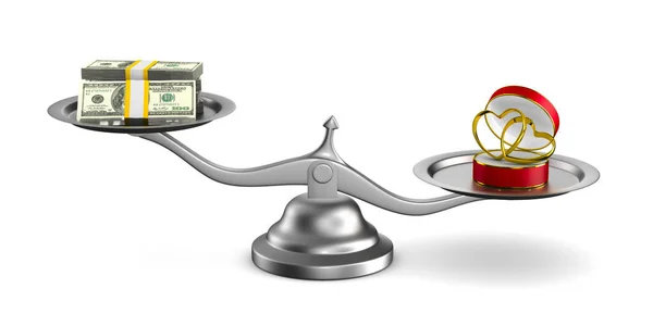Jegygyűrű és a pénz a mérleg. Elszigetelt 3D-s illusztráció — Stock Fotó