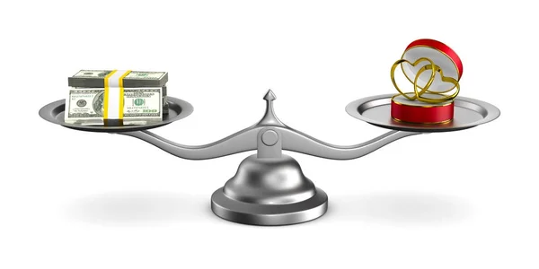 Snubní prsteny a peníze na stupnicích. Izolované 3d ilustrace — Stock fotografie