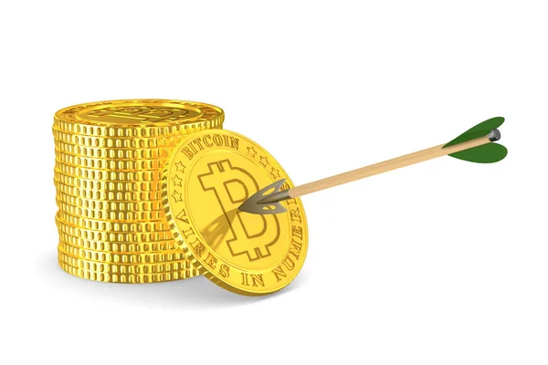 Νόμισμα bitcoin και το βέλος σε άσπρο φόντο. Απομονωμένη 3d έργα — Φωτογραφία Αρχείου