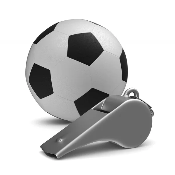 Metalen whistle en soccer ball op witte achtergrond. Geïsoleerd 3d ik — Stockfoto