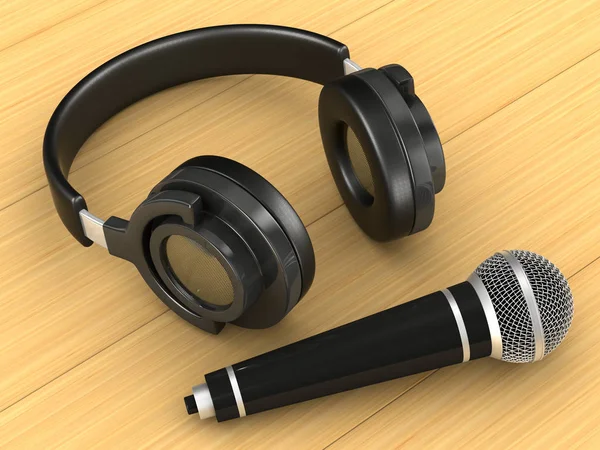 Hörlurar och mikrofon på träbord. 3D illustration — Stockfoto