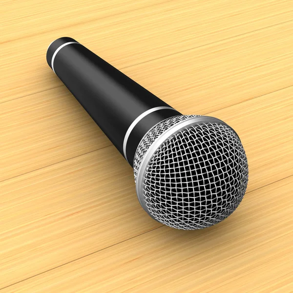 Microphone on wooden table. 3D illustration — Stock Photo, Image