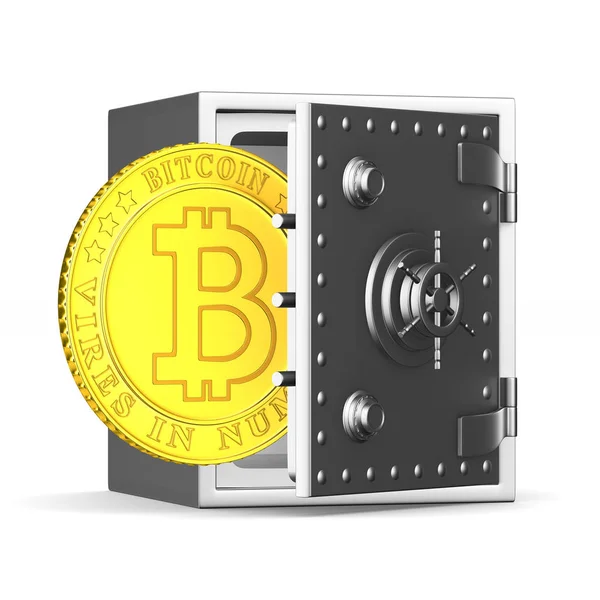 Bitcoin und Safe auf weißem Hintergrund. isolierte 3D-Illustration — Stockfoto