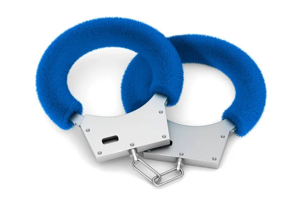 Blue sexy fluffy handcuffs on white background. Isolated 3D illu — Stock Photo, Image