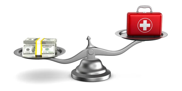 Medicamentos y dinero en balanzas. Ilustración 3D aislada — Foto de Stock