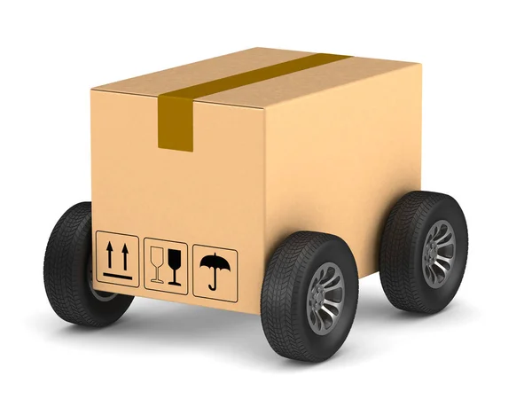 Cargo box with wheel on white background. Isolated 3D illustrati — Stock Photo, Image