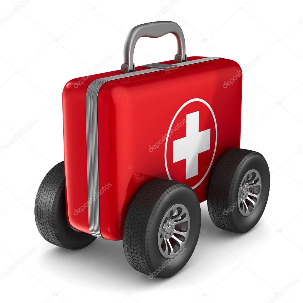 First aid kit with whells on white background. Isolated 3D illus