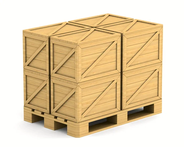 Pallet di legno con scatola di carico su sfondo bianco. Isolato 3D il — Foto Stock