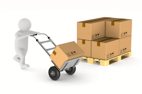 Uomini con scatola di carico sul camion a mano. Illustrazione 3D isolata — Foto Stock