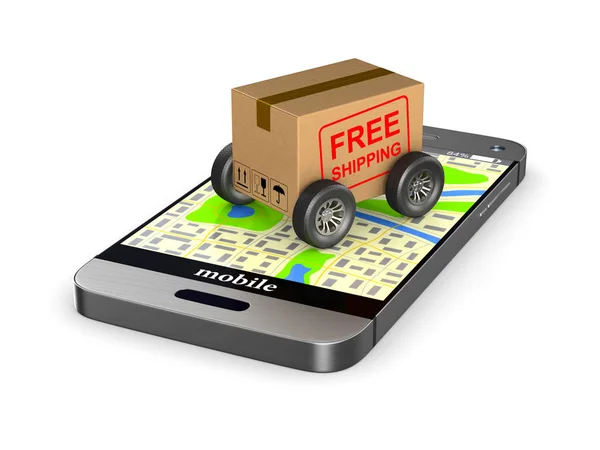 Spedizione gratuita scatola di carico con ruota e telefono su sfondo bianco — Foto Stock