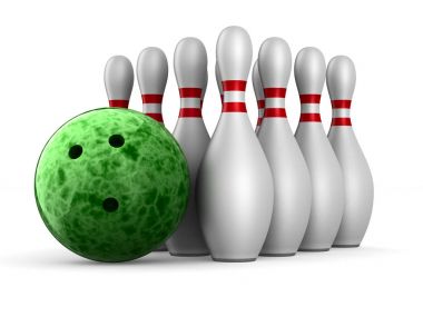 Bowling topu ve skittles beyaz arka plan üzerinde. İzole 3d illus