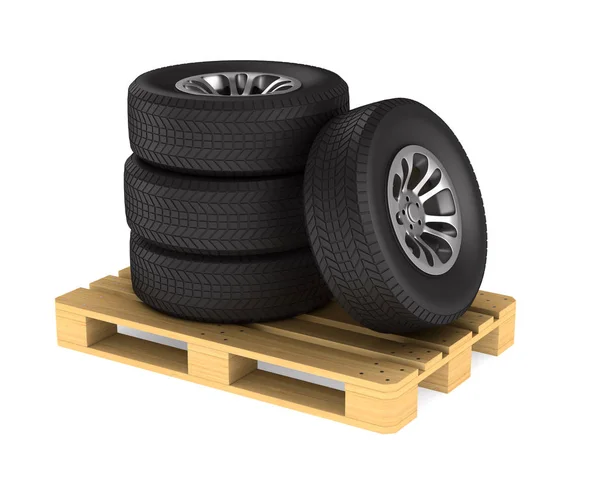 Tire and pallet on white background. Isolated 3D illustration — Stock Photo, Image