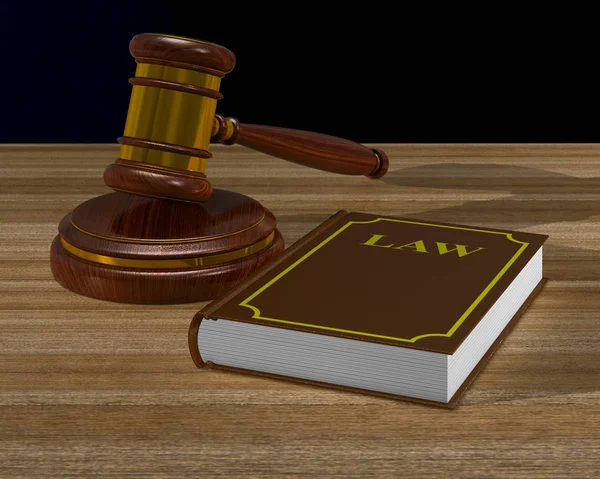 Ξύλινο σφυρί και το βιβλίο στο τραπέζι. 3D απεικόνιση — Φωτογραφία Αρχείου