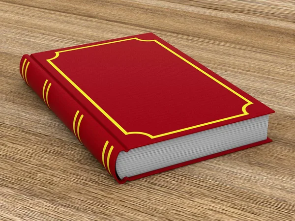 Libro rosso chiuso su superficie in legno. Illustrazione 3D — Foto Stock