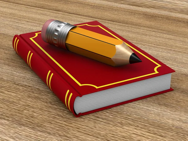 Closed red book and wooden pencil on wooden surface. 3D illustra — Stock Photo, Image