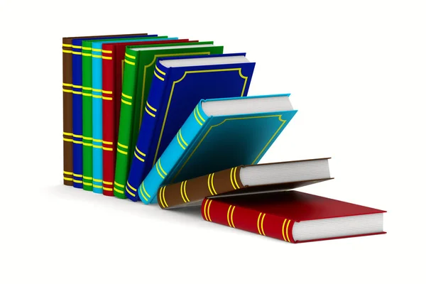 Fallendes Bücherregal auf weißem Hintergrund. isolierte 3D-Illustration — Stockfoto